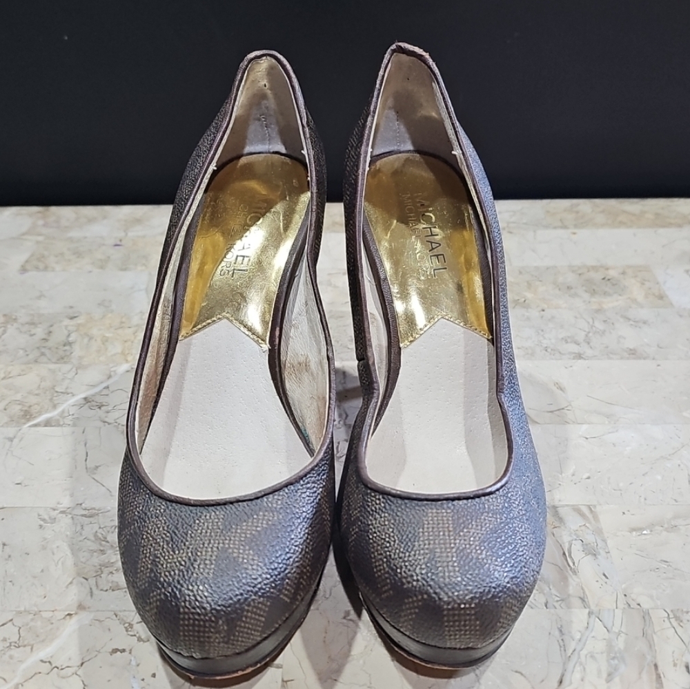 Michael Kors Hamilton MK Padlock Pumps Black Brown Platform Size 5 - Picture 2 of 12